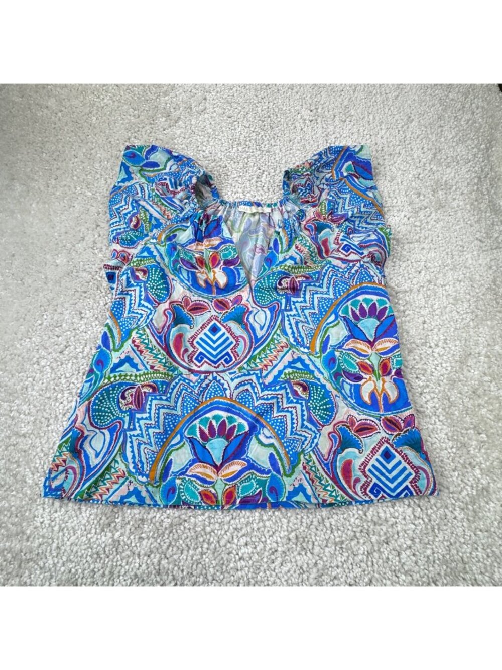 Marie Oliver Floral Blue Purple Abstract Flutter Sleeve Blouse Womens Small